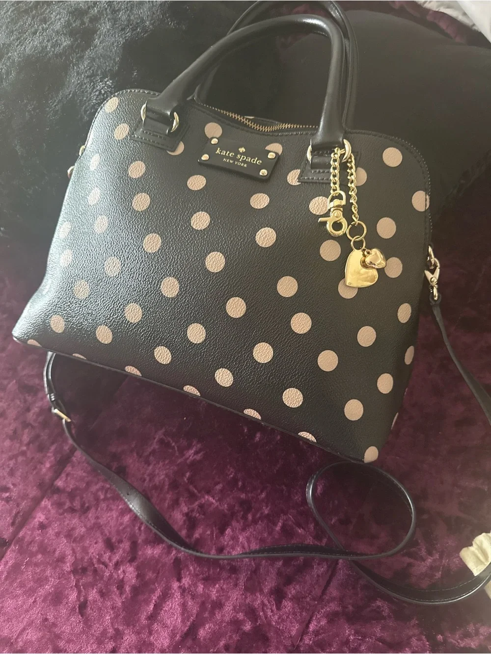 kate spade Black with Pink Polka Dot Dome Satchel with Gold Charm